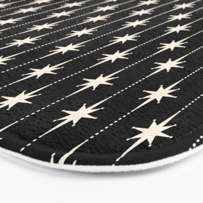 Mid Century Modern Atomic Stars and Dots Pattern in Black and Almond Cream Bath Mat Gallery Image 3