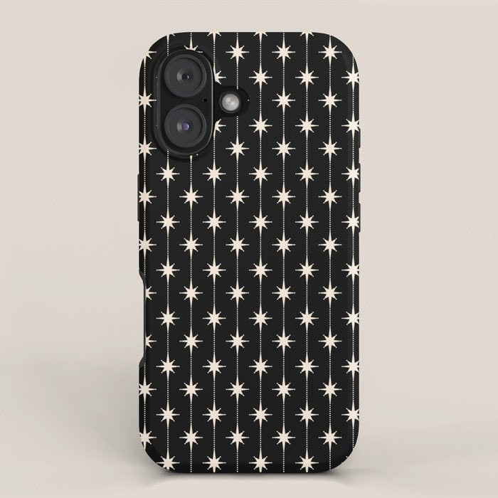 Mid Century Modern Atomic Stars and Dots Pattern in Black and Almond Cream iPhone Case Gallery Image 1