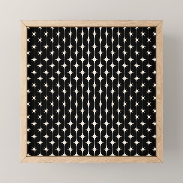 Mid Century Modern Atomic Stars and Dots Pattern in Black and Almond Cream Mini Art Print Gallery Image 1