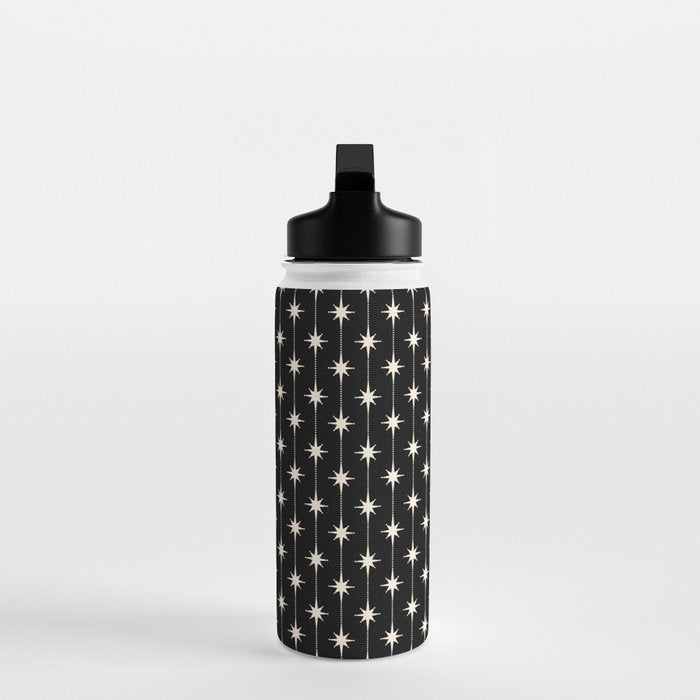 Mid Century Modern Atomic Stars and Dots Pattern in Black and Almond Cream Water Bottle Gallery Image 3