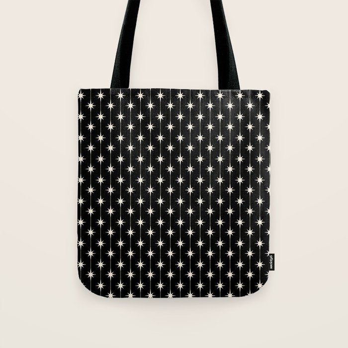 Mid Century Modern Atomic Stars and Dots Pattern in Black and Almond Cream Tote Bag Gallery Image 1