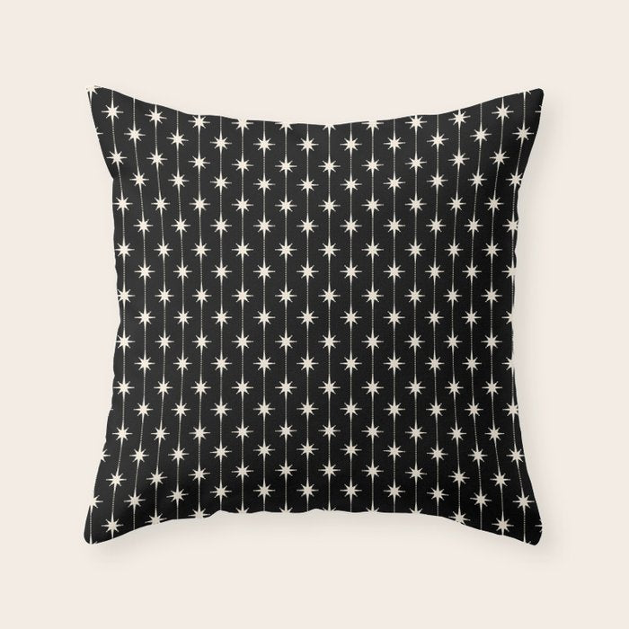 Mid Century Modern Atomic Stars and Dots Pattern in Black and Almond Cream Throw Pillow Gallery Image 1