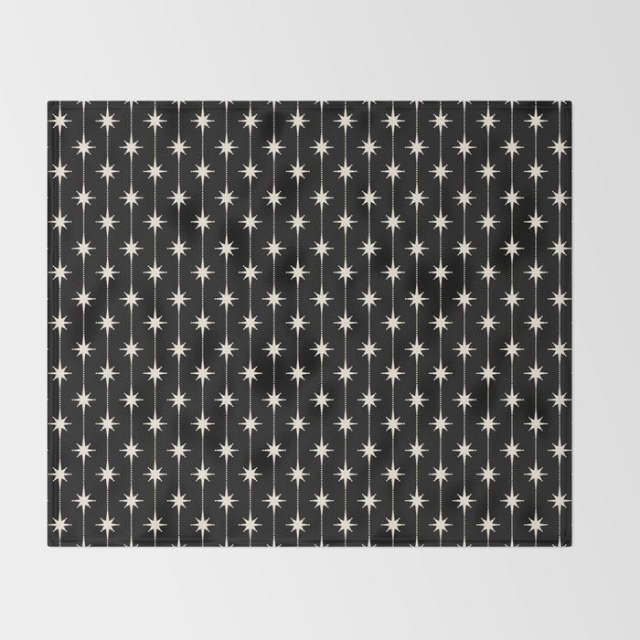 Mid Century Modern Atomic Stars and Dots Pattern in Black and Almond Cream Throw Blanket Gallery Image 2