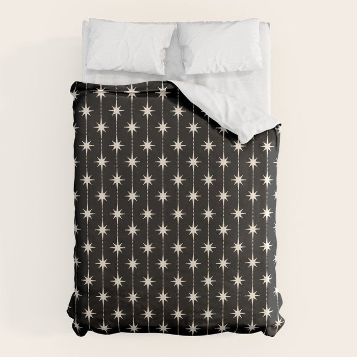 Mid Century Modern Atomic Stars and Dots Pattern in Black and Almond Cream Duvet Cover Gallery Image 1