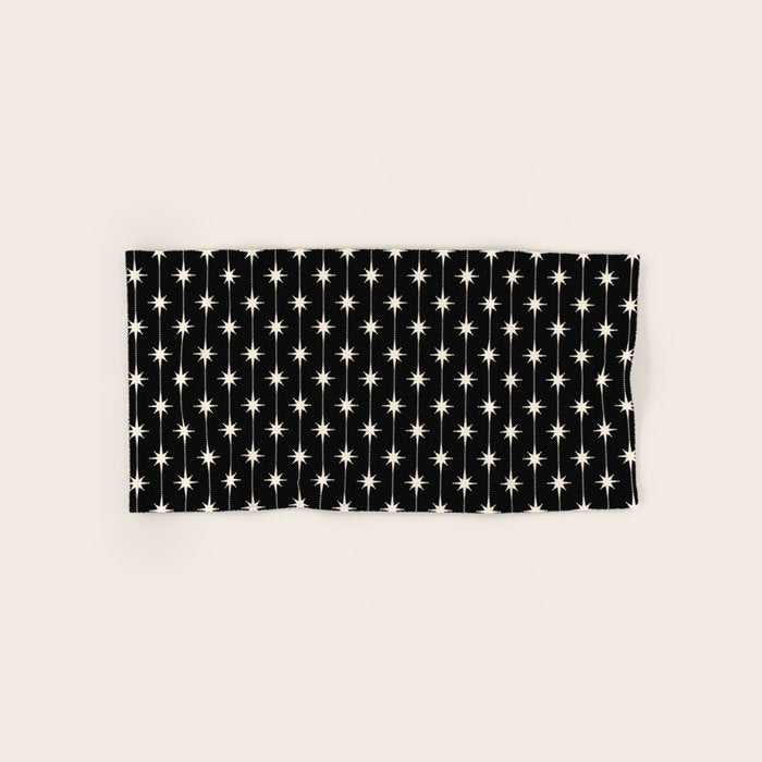 Mid Century Modern Atomic Stars and Dots Pattern in Black and Almond Cream Bath Towel Gallery Image 1