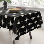 Mid Century Modern Atomic Stars and Dots Pattern in Black and Almond Cream Tablecloth Gallery Image 3