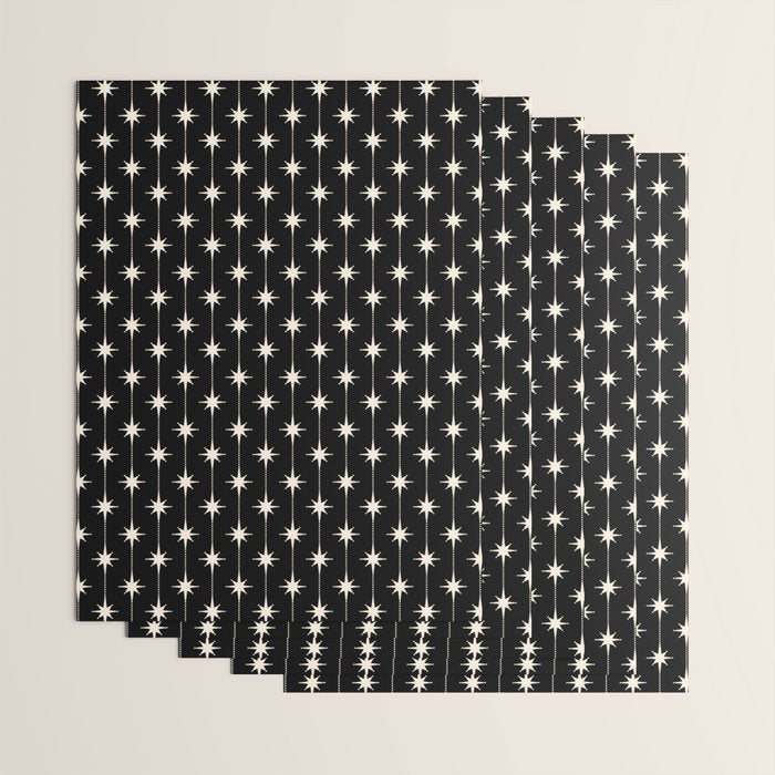 Mid Century Modern Atomic Stars and Dots Pattern in Black and Almond Cream Wrapping Paper Gallery Image 3