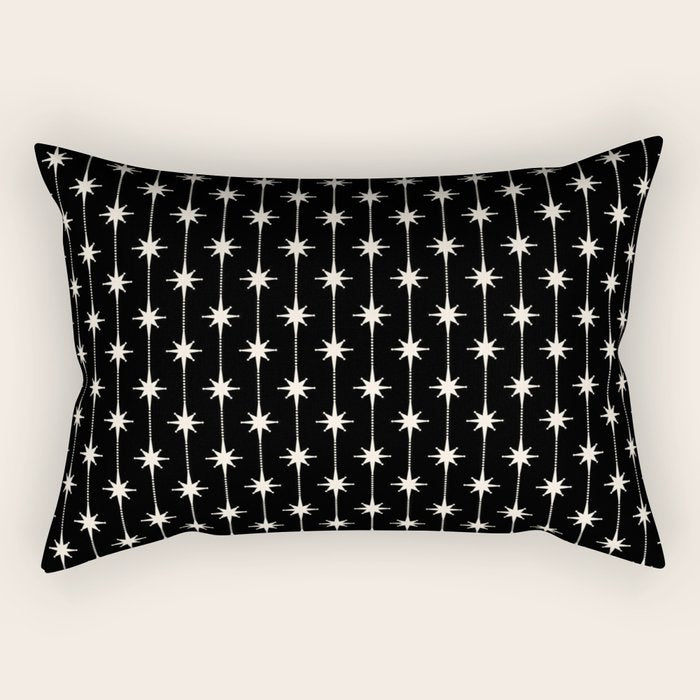 Mid Century Modern Atomic Stars and Dots Pattern in Black and Almond Cream Rectangular Pillow Gallery Image 1