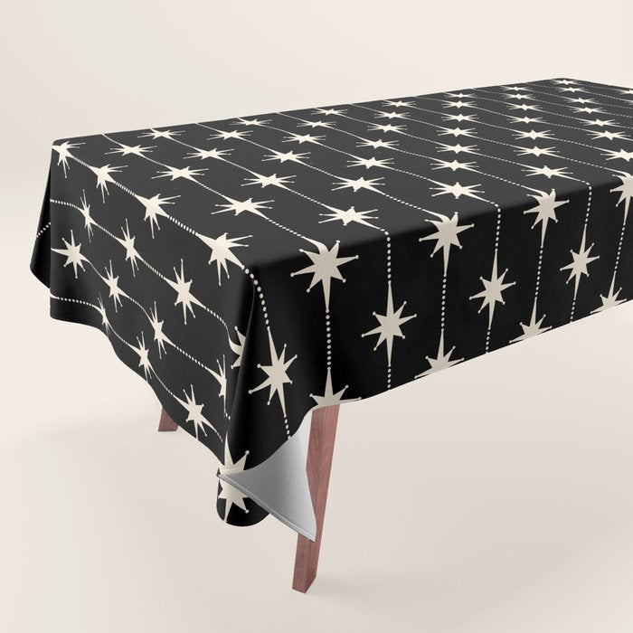 Mid Century Modern Atomic Stars and Dots Pattern in Black and Almond Cream Tablecloth Gallery Image 1