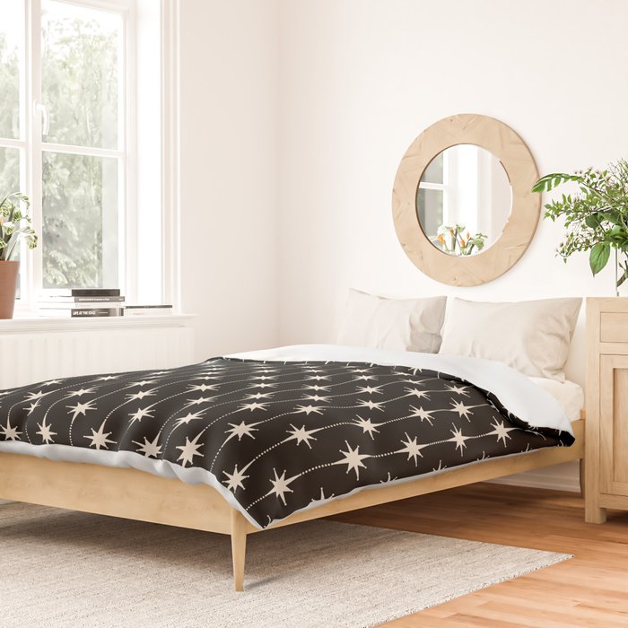 Mid Century Modern Atomic Stars and Dots Pattern in Black and Almond Cream Duvet Cover Gallery Image 2