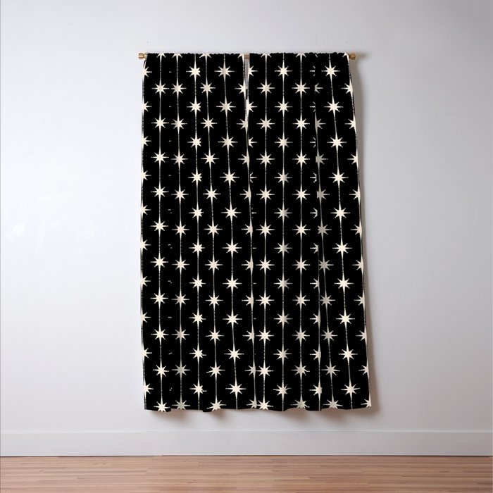 Mid Century Modern Atomic Stars and Dots Pattern in Black and Almond Cream Window Curtain Gallery Image 3