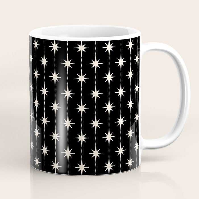 Mid Century Modern Atomic Stars and Dots Pattern in Black and Almond Cream Coffee Mug Gallery Image 1