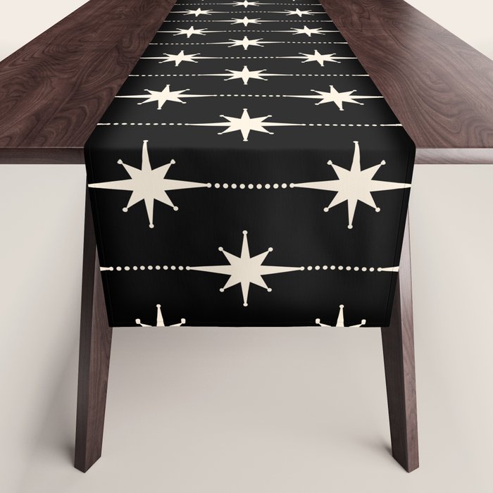 Mid Century Modern Atomic Stars and Dots Pattern in Black and Almond Cream Table Runner Gallery Image 1