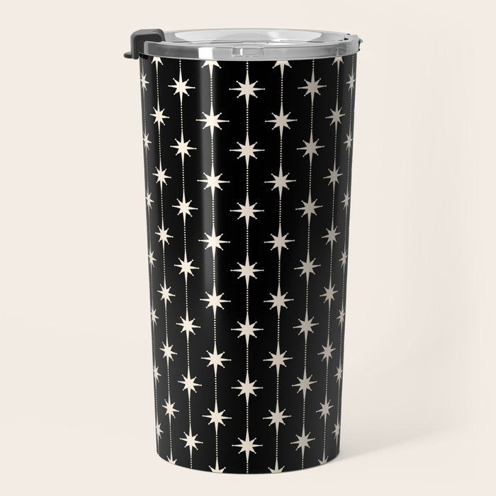 Mid Century Modern Atomic Stars and Dots Pattern in Black and Almond Cream Travel Mug Gallery Image 3
