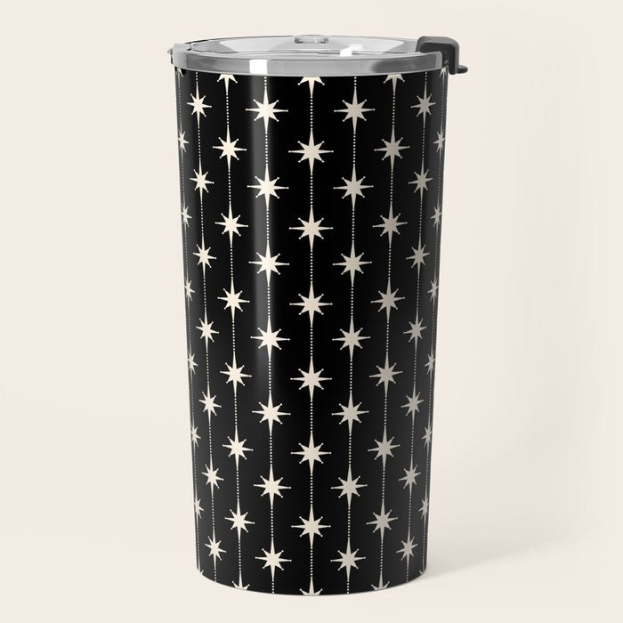 Mid Century Modern Atomic Stars and Dots Pattern in Black and Almond Cream Travel Mug Gallery Image 2