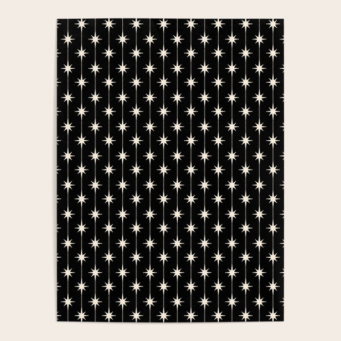 Mid Century Modern Atomic Stars and Dots Pattern in Black and Almond Cream Poster Gallery Image 1