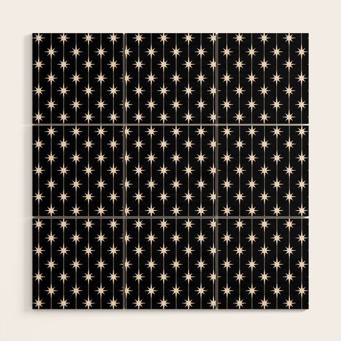 Mid Century Modern Atomic Stars and Dots Pattern in Black and Almond Cream Wood Wall Art Gallery Image 1