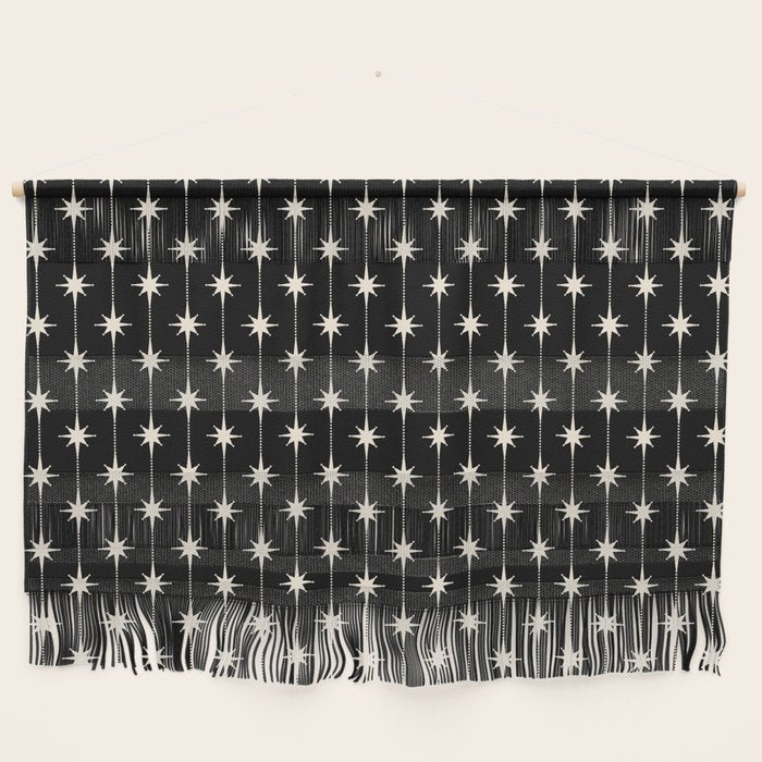 Mid Century Modern Atomic Stars and Dots Pattern in Black and Almond Cream Wall Hanging Gallery Image 1