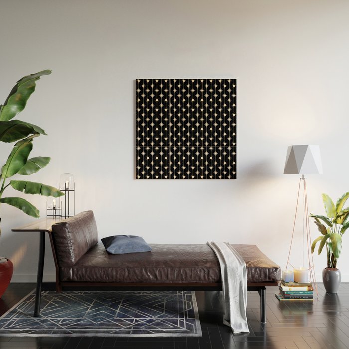 Mid Century Modern Atomic Stars and Dots Pattern in Black and Almond Cream Wood Wall Art Gallery Image 2