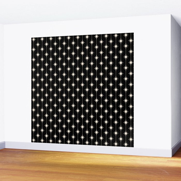 Mid Century Modern Atomic Stars and Dots Pattern in Black and Almond Cream Wall Mural Gallery Image 2
