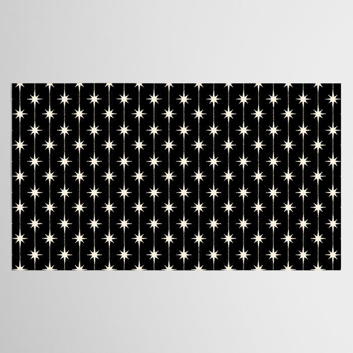 Mid Century Modern Atomic Stars and Dots Pattern in Black and Almond Cream Tablecloth Gallery Image 2