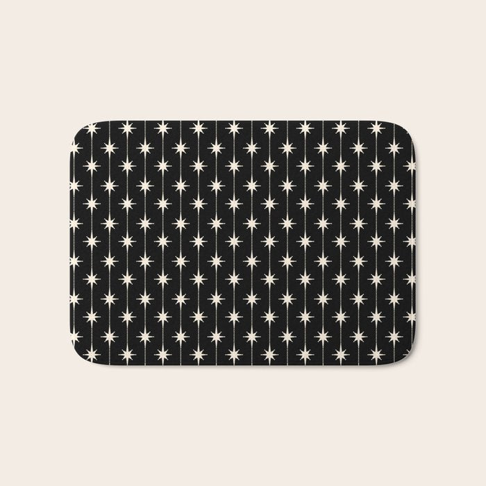 Mid Century Modern Atomic Stars and Dots Pattern in Black and Almond Cream Bath Mat Gallery Image 1