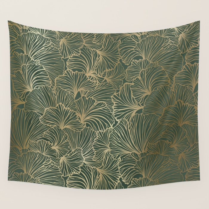 Decorative Nature Pattern, Floral Prints, Green and Gold Wall Tapestry Gallery Image 1