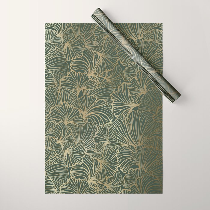 Decorative Nature Pattern, Floral Prints, Green and Gold Wrapping Paper Gallery Image 1