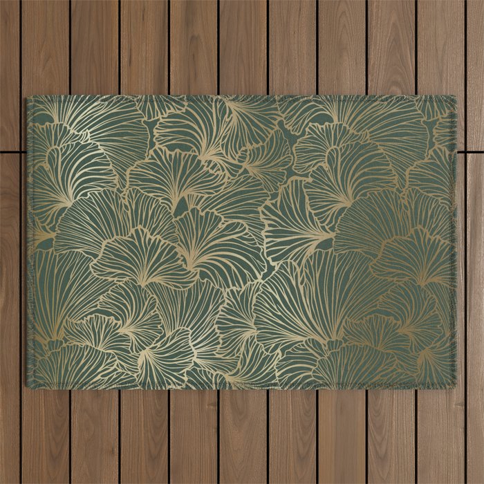 Decorative Nature Pattern, Floral Prints, Green and Gold Outdoor Rug Gallery Image 1