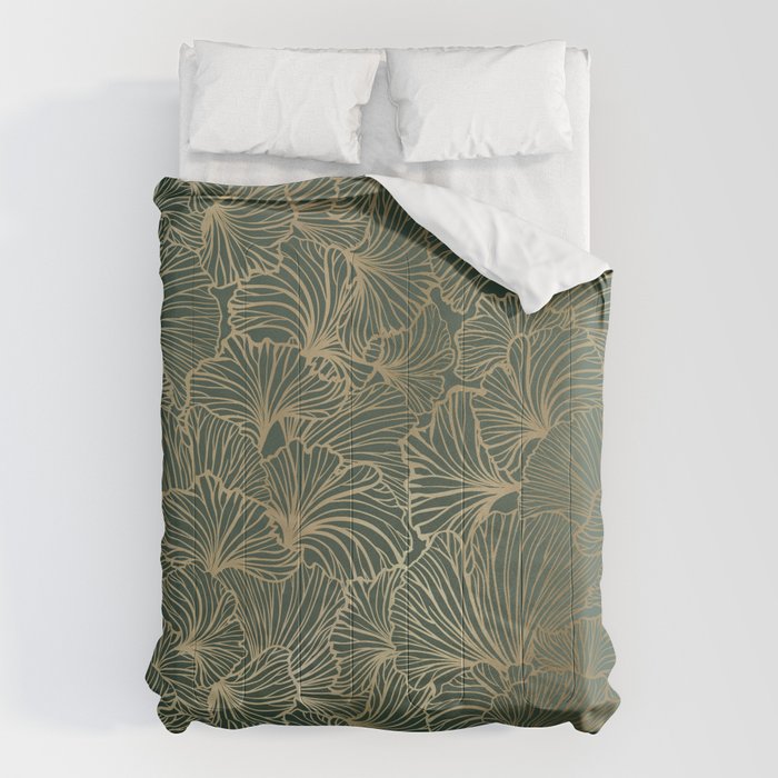 Decorative Nature Pattern, Floral Prints, Green and Gold Comforter Gallery Image 1