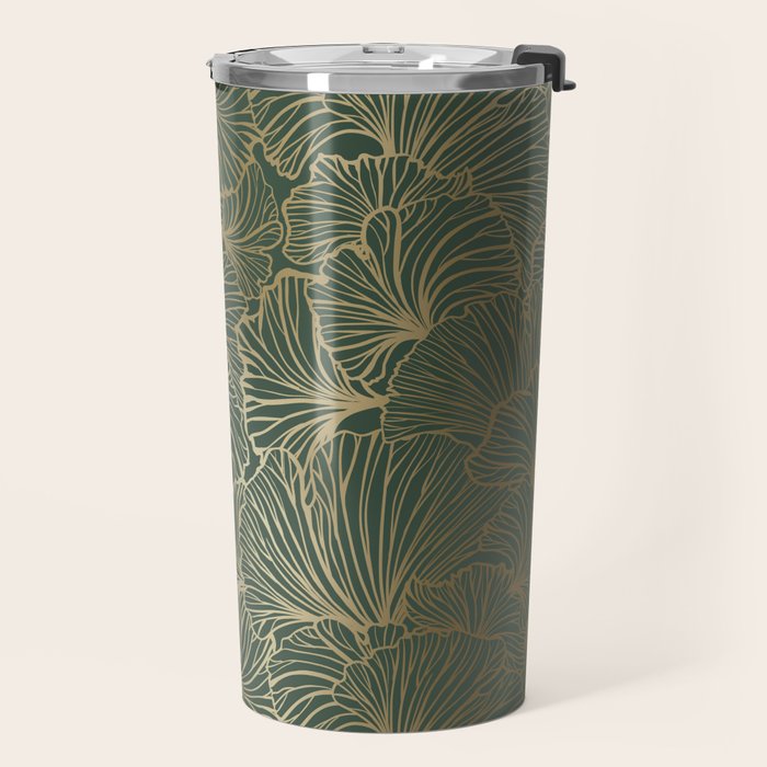 Decorative Nature Pattern, Floral Prints, Green and Gold Travel Mug Gallery Image 2