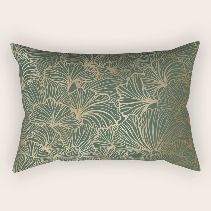 Decorative Nature Pattern, Floral Prints, Green and Gold Rectangular Pillow Gallery Image 2