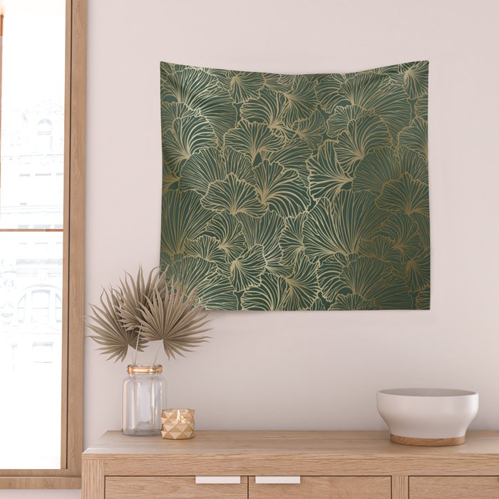 Decorative Nature Pattern, Floral Prints, Green and Gold Wall Tapestry Gallery Image 2
