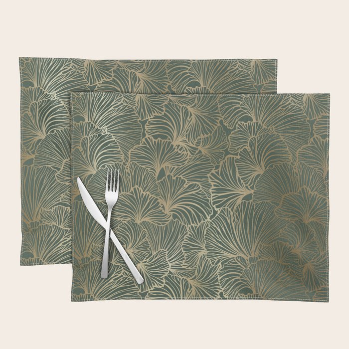 Decorative Nature Pattern, Floral Prints, Green and Gold Placemat Gallery Image 1