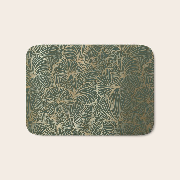 Decorative Nature Pattern, Floral Prints, Green and Gold Bath Mat Gallery Image 1