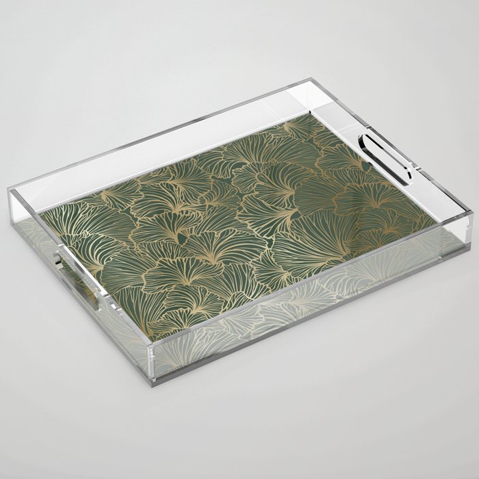 Decorative Nature Pattern, Floral Prints, Green and Gold Acrylic Tray Gallery Image 1