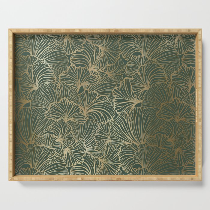 Decorative Nature Pattern, Floral Prints, Green and Gold Serving Tray Gallery Image 1