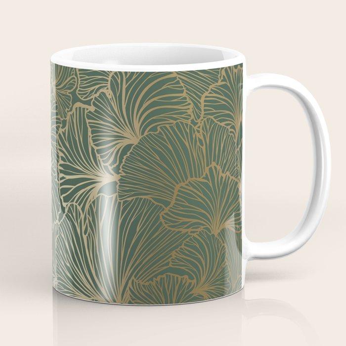 Decorative Nature Pattern, Floral Prints, Green and Gold Coffee Mug Gallery Image 1