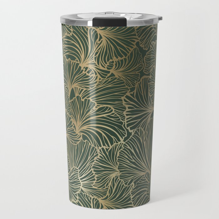 Decorative Nature Pattern, Floral Prints, Green and Gold Travel Mug Gallery Image 1