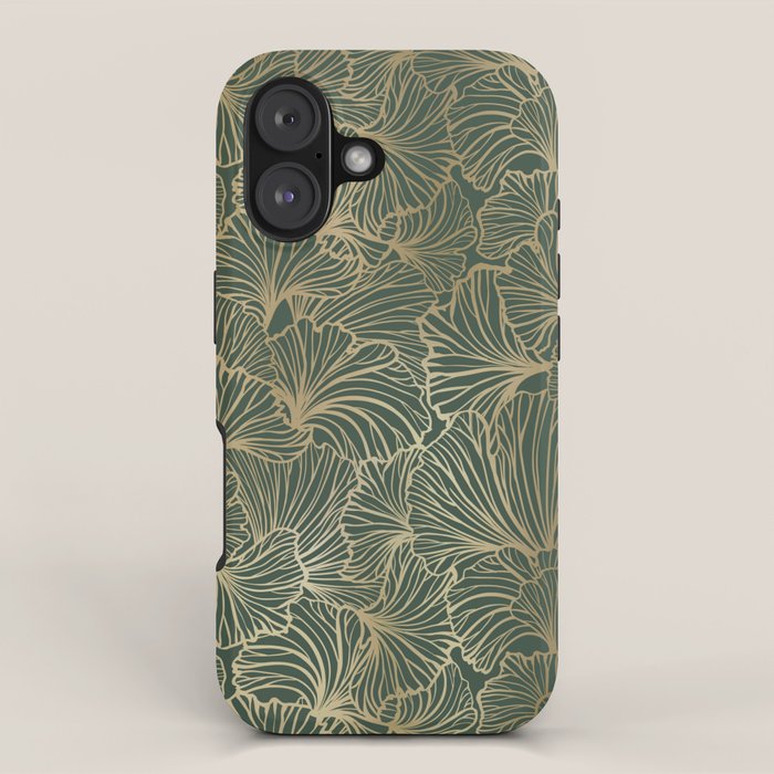 Decorative Nature Pattern, Floral Prints, Green and Gold iPhone Case Gallery Image 1