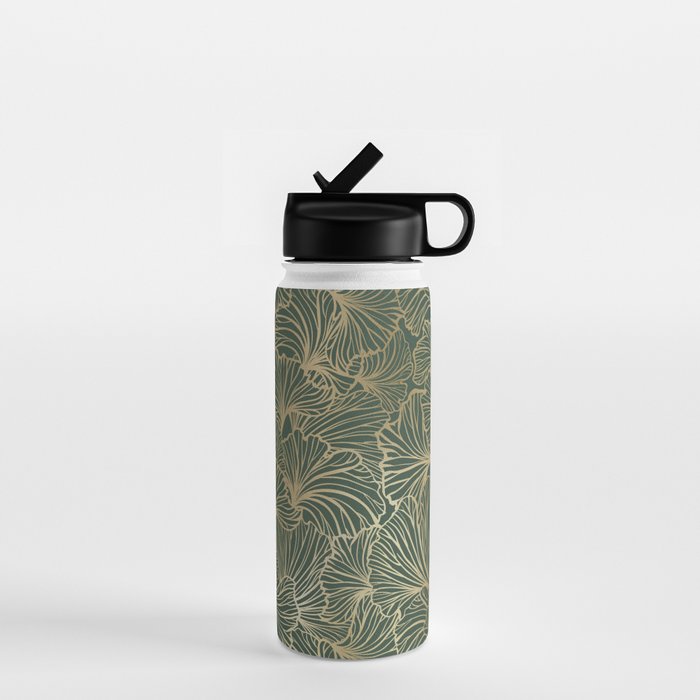 Decorative Nature Pattern, Floral Prints, Green and Gold Water Bottle Gallery Image 1