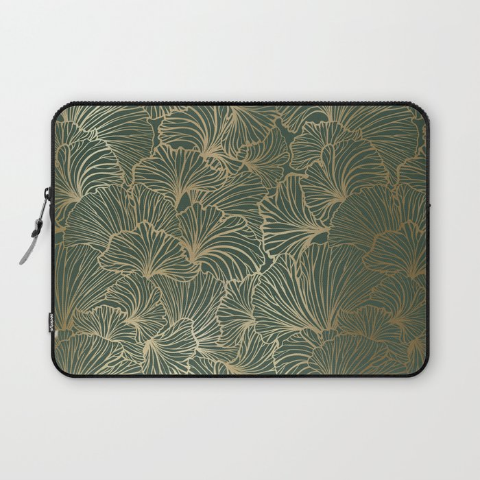 Decorative Nature Pattern, Floral Prints, Green and Gold Laptop Sleeve Gallery Image 1