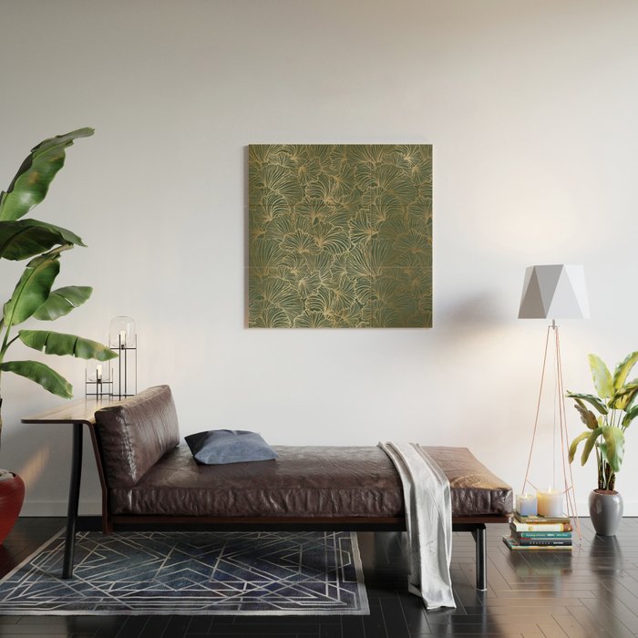 Decorative Nature Pattern, Floral Prints, Green and Gold Wood Wall Art Gallery Image 2