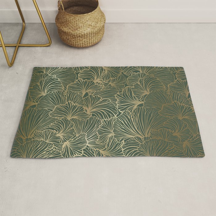 Decorative Nature Pattern, Floral Prints, Green and Gold Rug Gallery Image 1