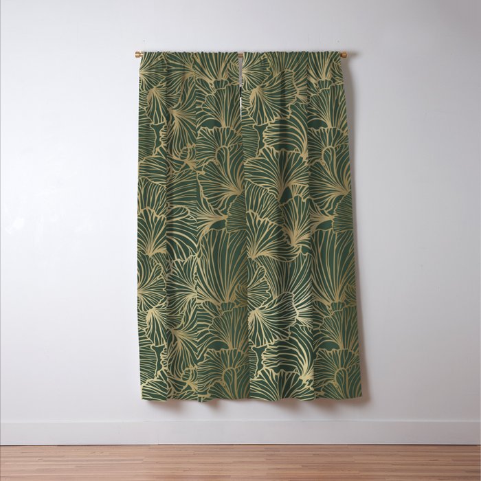 Decorative Nature Pattern, Floral Prints, Green and Gold Window Curtain Gallery Image 3