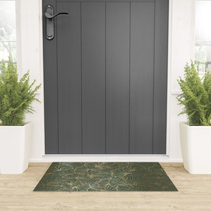 Decorative Nature Pattern, Floral Prints, Green and Gold Welcome Mat Gallery Image 3