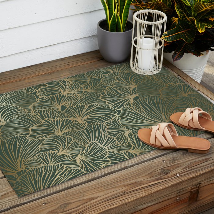 Decorative Nature Pattern, Floral Prints, Green and Gold Outdoor Rug Gallery Image 2