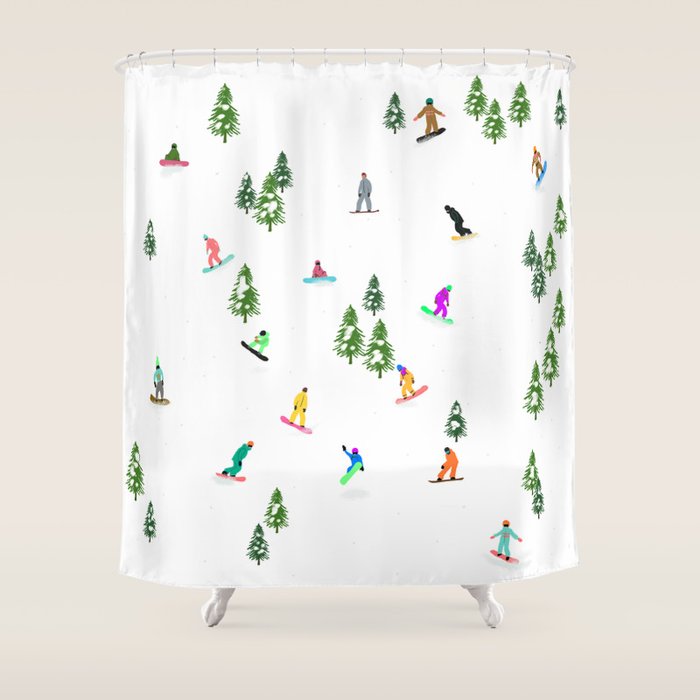 Aerial downhill snowboarders illustration Shower Curtain Gallery Image 1