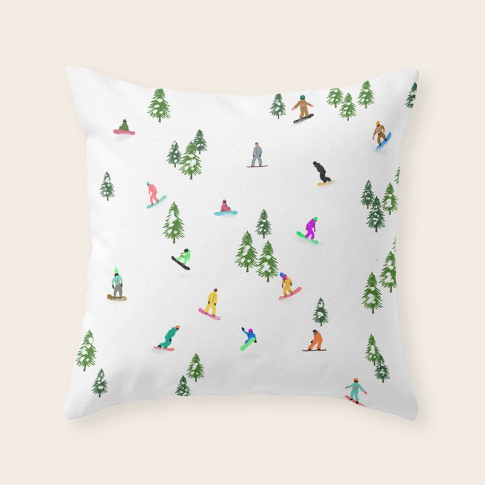 Aerial downhill snowboarders illustration Throw Pillow Gallery Image 1