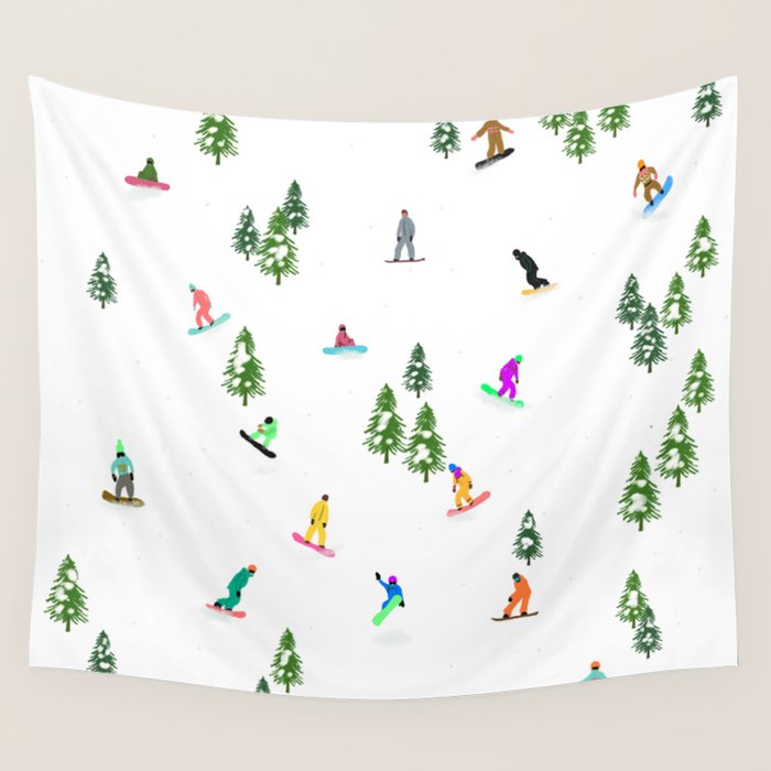 Aerial downhill snowboarders illustration Wall Tapestry Gallery Image 4